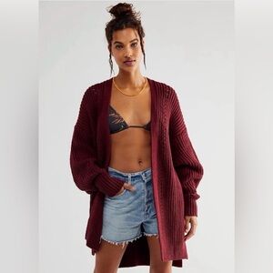 Free People Nightingale Oversized Long Line Cardigan, Merlot, Cable Knit, XS